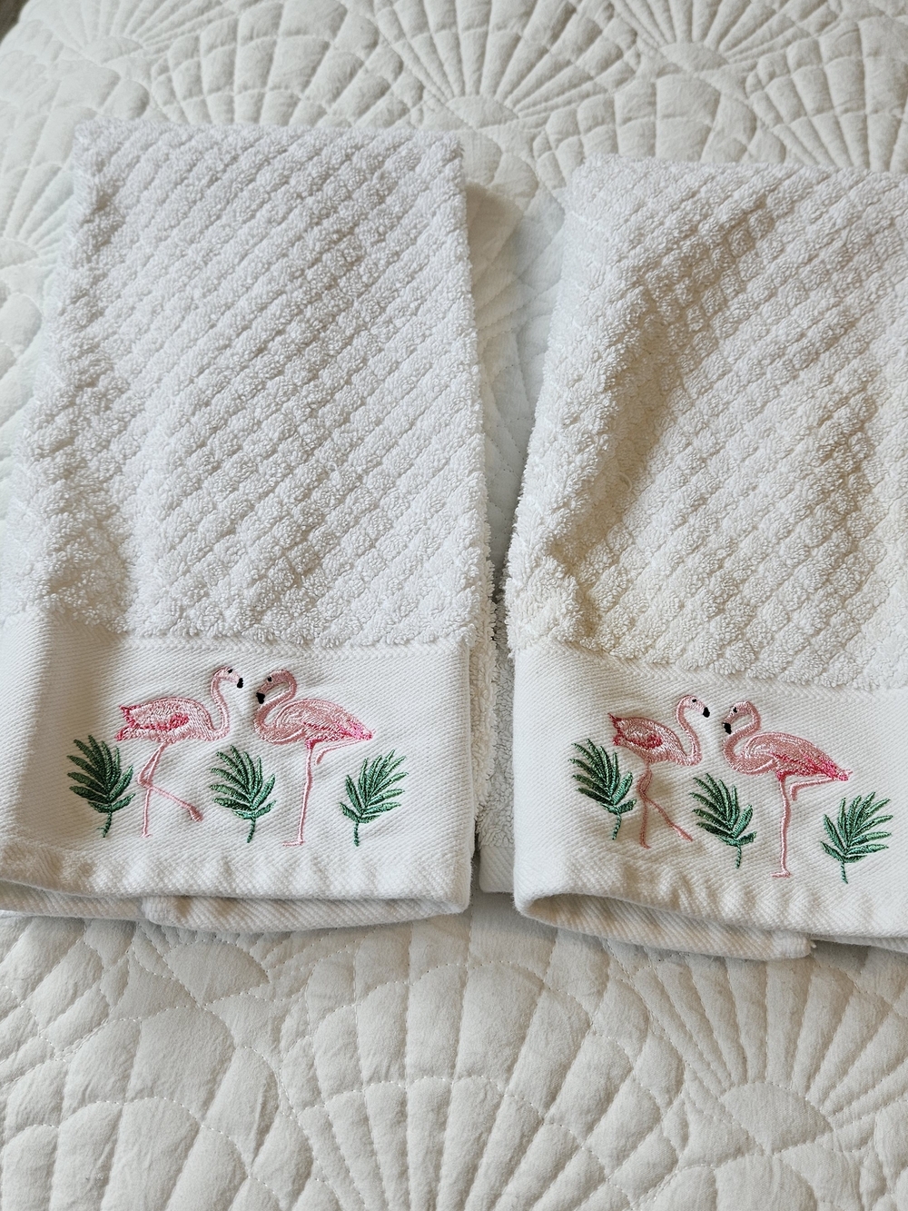 Source Unknown White Hand Towels with Pink Flamingo & Green Leaf Embroidery